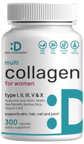 DEAL SUPPLEMENT Multi-Collagen Pills for Women with Vitamin C, E, & Biotin, 300 Capsules – 11 in 1 Formula with Saw Palmetto, Bamboo Silica, & Hyaluronic Acid – Hair, Skin, Nail, & Joint Health