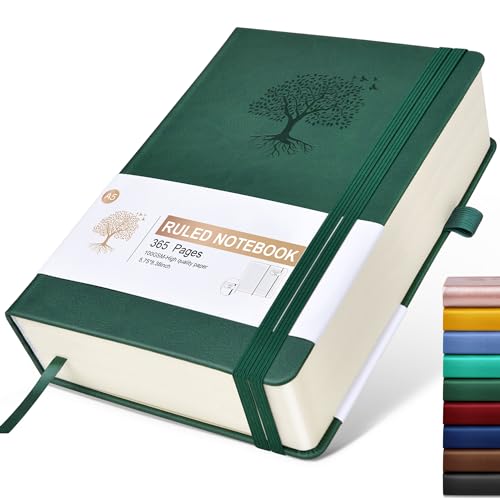Lined Journal Notebook -365 Pages A5 Thick Journals for Writing Ruled Notebook, Hardcover Leather Journal for Women Men, Daily Journal Notebook for Work, Note Taking, 100Gsm Lined Paper( 5.75'' X 8.38'' Green)