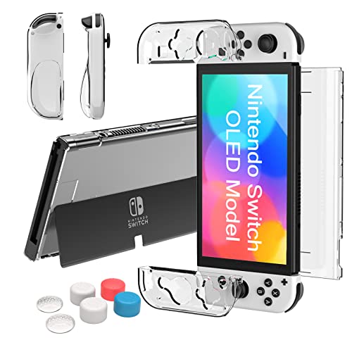 Teyomi Dockable Case Compatible with Nintendo Switch OLED Model 2021, Soft TPU Joy-Con Cover and Hard PC Protective Case Cover with 6pcs Silicone Thumb Grip Caps, Switch OLED Case Protector(Clear)