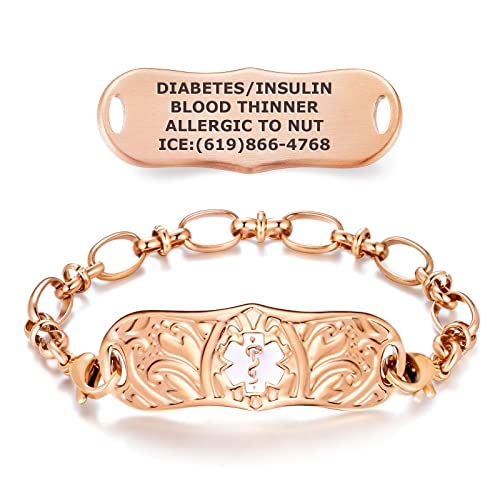 Divoti Rose Gold Signature Custom Engraved Medical Alert ID Bracelet for Woman, Elegance Tag/White - 7.0'