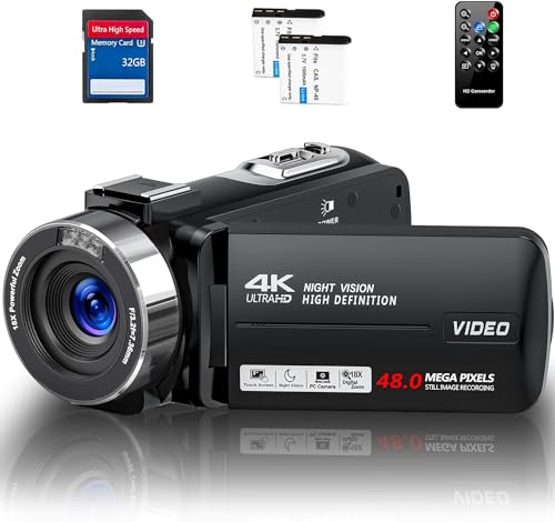 Camcorder Video Camera 4K Ultra 48MP with IR Night Vision,18X Digital Zoom Camcorder Recorder 3' 270° Rotation Touch screen Vlogging Camera for YouTube with Remote Control,2 Batteries,32GB SD Card