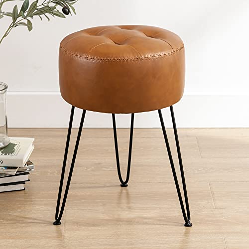 LUE BONA Faux Leather Vanity Stool Chair for Makeup Room，Brown Stool for Vanity, 19” Height, Tufted Small Vanity Chair Stool with Metal Legs, Modern Foot Stool Ottoman for Bedroom, Living Room