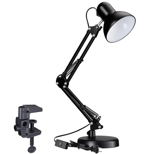 TORCHSTAR Metal Desk Lamp with Clamp, Swing Arm , Architect Adjustable Gooseneck Table Lamp, Clip Desk Lights for Home Office, Work, Study, Reading, E26 Base, Multi-Joint, Black