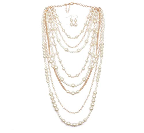 Askana Women's Vintage Retro Classic Style 1920s Fashion Faux Simulate Pearls White Beads Long Multi-layer Layered Statement Strands Necklace with Earrings