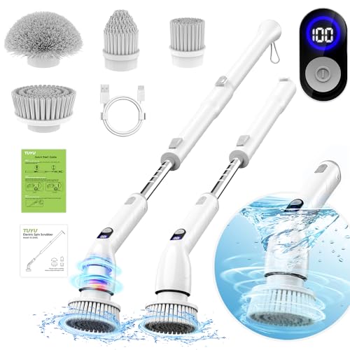 TUYU Electric Spin Scrubber, 2024 New Full-Body IPX7 Waterproof Bathroom Scrubbe with Power LCD Display, Adjustable Extension Handle, Cordless Electric Cleaning Brush for Bathroom, Kitchen Cleaning