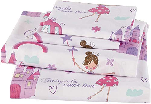 Linen Plus Sheet Set for Girls/Teens Fairy Tales Castle Princess Carriage Fairies Magic Pink Lavender White Flat Sheet Fitted Sheet and Pillow Cases Full Size New