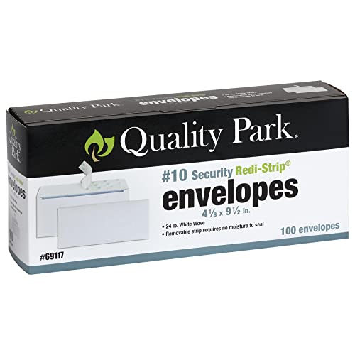 Quality Park #10 Security Envelopes, No Window, Redi-Strip Self Seal Envelopes, 24-lb White Wove, 4-1/8' x 9-1/2', 100 per Box (QUA69117)