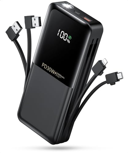Power-Bank-Portable-Phone-Charger - 40000mAh Power Bank PD30W Fast Charger Built-in 2 Detachable Output Cables, Flashlight and LED Display for iPhone and Android Phones and Most Electronic Devices