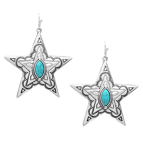 Rosemarie & Jubalee Women's Burnished Silver Tone Western Style Star Conchos With Semi Precious Turquoise Howlite Stone Dangle Earrings, 2'