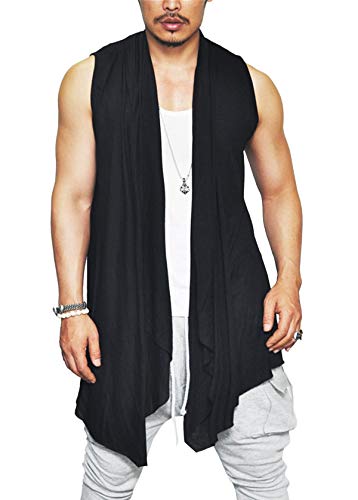 COOFANDY Men's Ruffle Shawl Collar Sleeveless Cardigan Lightweight Cotton Long Length Drape Cape Vest,Black,Large