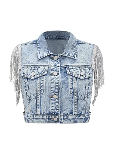 SweatyRocks Women's Fringe Button Down Crop Denim Jacket Sleeveless Collared Jean Coats Light Wash L