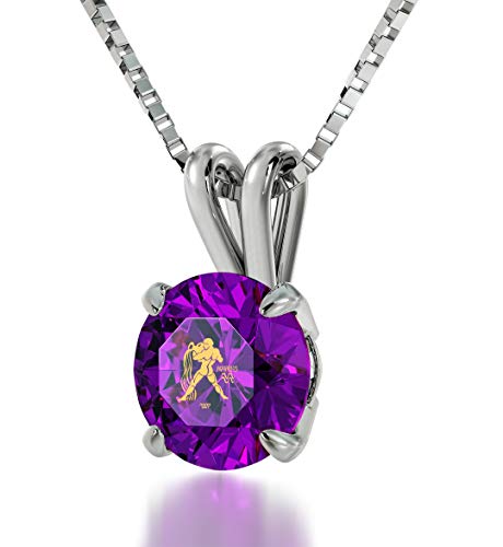 Aquarius Necklace Simulated February Birthstone Zodiac Pendant for Birthdays 20th January to 18th February Pure Gold Inscribed on Purple Crystal Elegant Christmas Gift for Her, 18' Chain