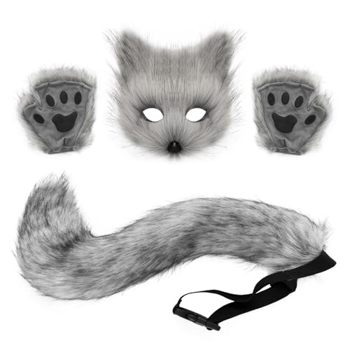 HAOAN Furry Fox Mask Wolf Fox Tail and Paw Gloves Set Adult Cat Halloween Mask Cosplay Animal Party Costume