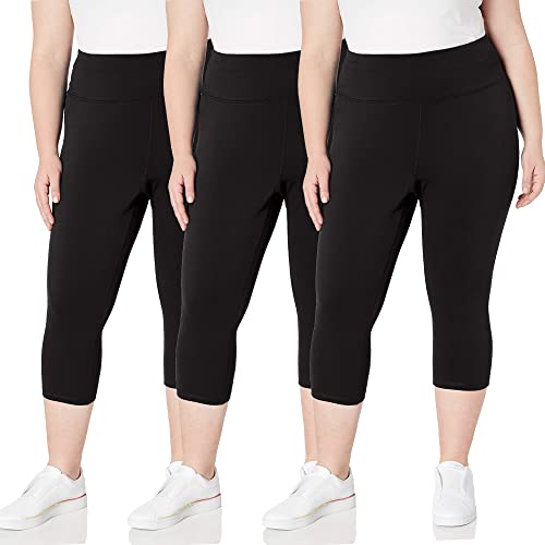 TNNZEET 3 Pack Plus Size Capri Leggings with Pockets for Women, High Waisted Black Workout Yoga Leggings 2X 3X 4X