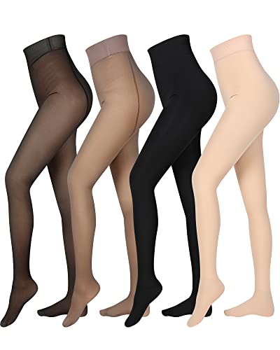 Hestya 4 Pairs Fleece Lined Tights Women, Thermal Tights Winter Fleece Lined Leggings Warm Translucent Tights(Black, Brown, Nude Footed, 300 g)