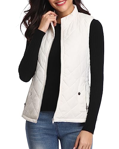 Fuinloth Women's Quilted Vest, Stand Collar Lightweight Zip Padded Gilet White L
