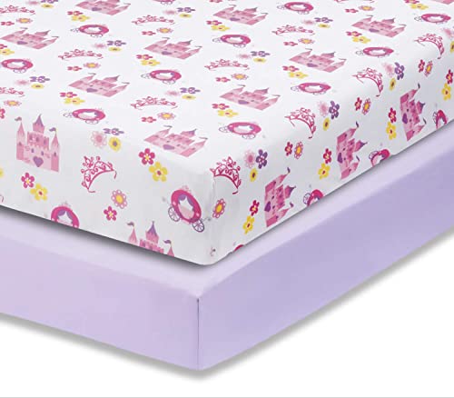 Everyday Kids 2 Pack Fitted Girls Crib Sheet, 100% Soft Breathable Microfiber Baby Sheet, Fits Standard Size Crib Mattress 28in x 52in, Nursery Sheet - Princess/Lavender