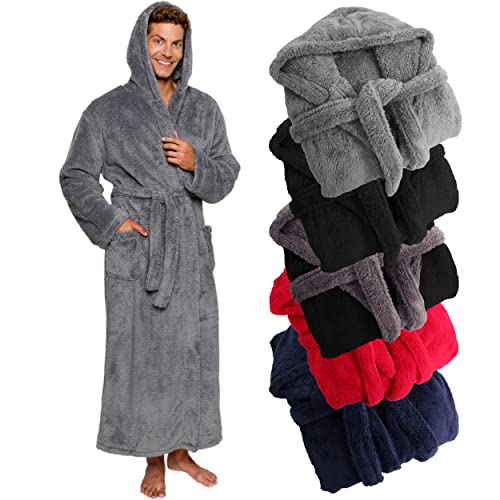 Ross Michaels Mens Luxury Robe Hooded Big and Tall - Long Plush Fleece Bath Robe with Hood and Pockets- Gift Men and Teens