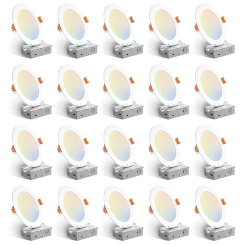 Amico 20 Pack 6 Inch 5CCT Ultra-Thin LED Recessed Ceiling Light with Junction Box, 2700K/3000K/3500K/4000K/5000K Selectable, 12W Eqv 110W, Dimmable Can-Killer Downlight, 1050LM Wafer Lighting - ETL