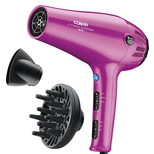 Conair Hair Dryer with Retractable Cord, 1875W Cord-Keeper Blow Dryer,Pink