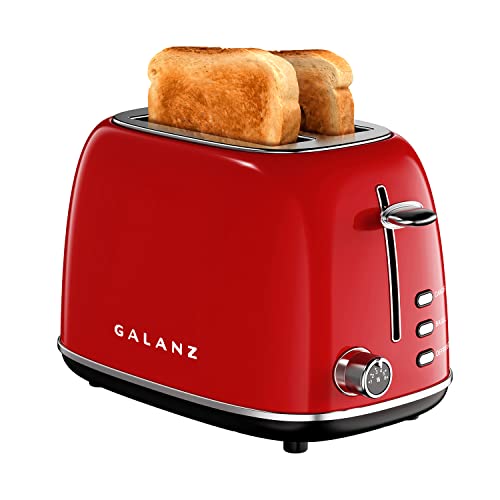 Galanz 2-Slice Toaster, 1.5' Extra Wide Slots for Bagels & Thick Bread, Defrost and 6 Browning Levels, Includes a Dust Lid & Removable Crumb Tray, Retro Red
