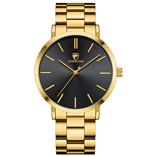 GOLDEN HOUR Men's Watches Slim Minimalist Runway Gold Plated Stainless Steel Quartz Analog Watch with Black Dial