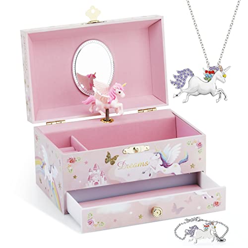 Kids Musical Jewelry Box with Big Drawer and zirconia stones Jewelry Set with Spinning Unicorn and Glitter Rainbow Butterfly Design - Over the Waves Tune Pink