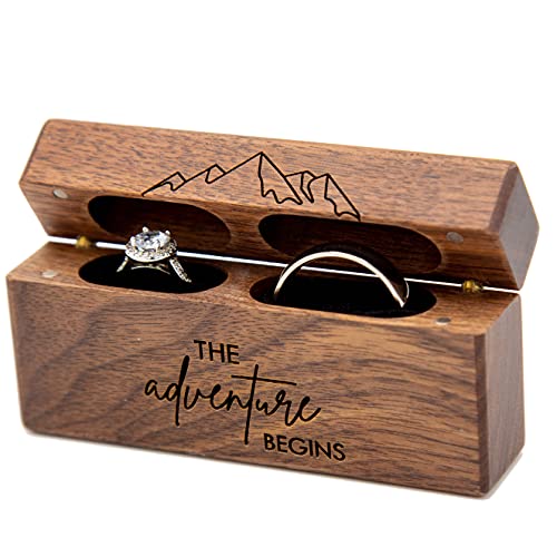 MUUJEE The Adventure Begins Double Ring Box - Engraved Slim Wooden Ring Case Box for Wedding Ceremony Engagement Proposal Ring Bearer Box - Anniversary Birthday Gift Ideas (The Adventure Begins)