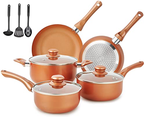 M MELENTA Pots and Pans Set Ultra Nonstick, Pre-Installed 11pcs Cookware Set Copper with Ceramic Coating, Stay cool handle & Nylon Kitchen Utensils, Gas/Induction Compatible, 100% PFOA Free