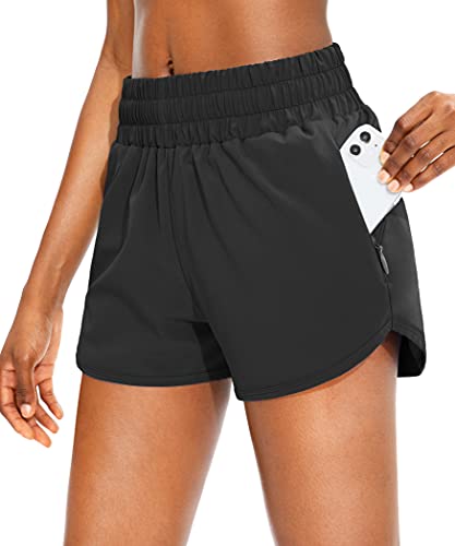SANTINY Women's Running Shorts with Zip Pockets High Waisted Athletic Workout Gym Shorts for Women with Liner (Black_M)