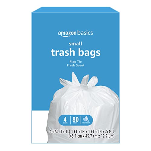 Amazon Basics 4 Gallon Trash Bags, Flap Ties with Fresh Scent, 80 Count