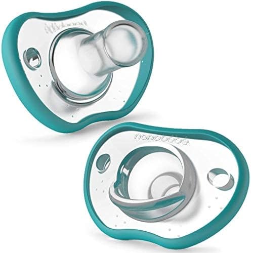 Nanobebe Baby Pacifiers 0-3 Month - Orthodontic, Curves Comfortably with Face Contour, Award Winning for Breastfeeding Babies, 100% Silicone - BPA Free. Perfect Baby Registry Gift 2pk,Teal