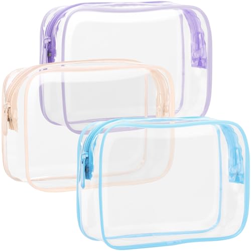 F-color TSA Approved Toiletry Bag 3 Pack Clear Toiletry Bags - Clear Makeup Cosmetic Bags for Women Men, Quart Size Travel Bag, Carry on Airport Airline Compliant Bag, Macaron Blue Pink Purple