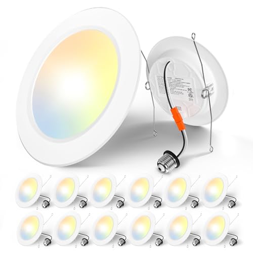 Amico Recessed Lighting 5/6 Inch, 12 Pack 5CCT Flat LED Can Lights, 2700K/3000K/4000K/5000K/6000K Selectable,12W Eqv 110W, 1050LM Brightness, Retrofit Installation - ETL & FCC