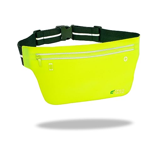 Fitter's Niche UltraSlim Fanny Waist Pack Men Women – Water Resistant Bag, Reflective Elastic Belt – Fit 24 to 43inch Waists, Holds Phones up to 6.7inch – Ideal for Running Hiking Fluorescence Green