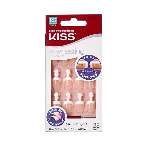 Kiss Everlasting French Nail Manicure, Chip-Free with Flexi-Fit Technology, Real Short, 'Endless', Nail Kit with Pink Nail Glue (Net Wt. 2 g / 0.07oz.), Mini File, Manicure Stick, and 28 Fake Nails