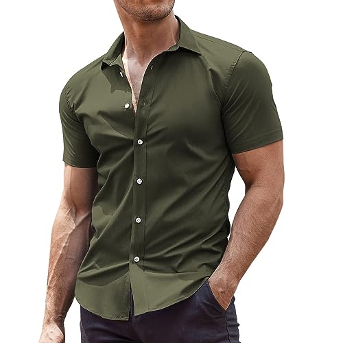 COOFANDY Men's Dress Shirts Regular Fit Wrinkle-Free Short Sleeve Casual Button Down Shirt Olive Green