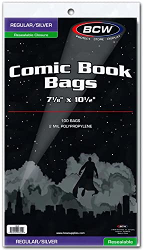 BCW Resealable Silver/Regular Comic Book Bags, Clear 2-mil Polypropylene | 7-1/8' x 10-1/2' | 100-Count, Holds Silver Age Comics
