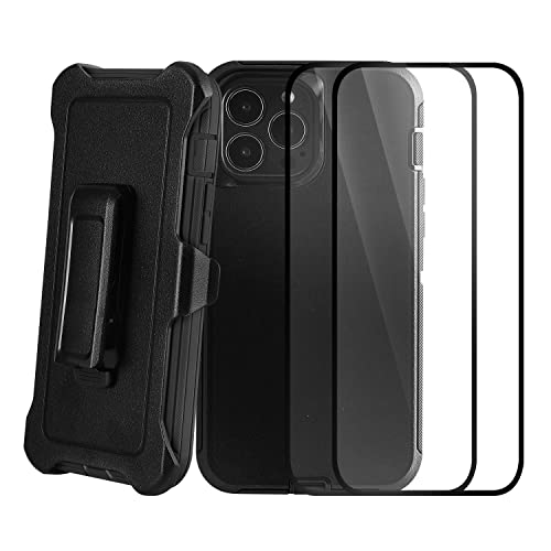 iPhone 15 Pro Holster Case (6.1') w 2 x Tempered Glass & Camera Screen Protectors, Military Grade Full Body Protection Shockproof/Dustproof/Drop Proof Rugged Defender Cover (Black)