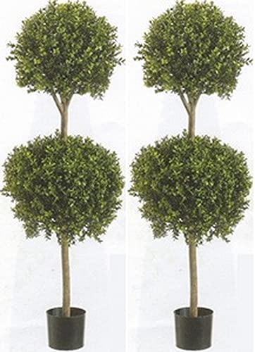 Silk Tree Warehouse Company Inc Two 56 Inch Outdoor Artificial Boxwood Double Ball Topiary Trees Potted Plants