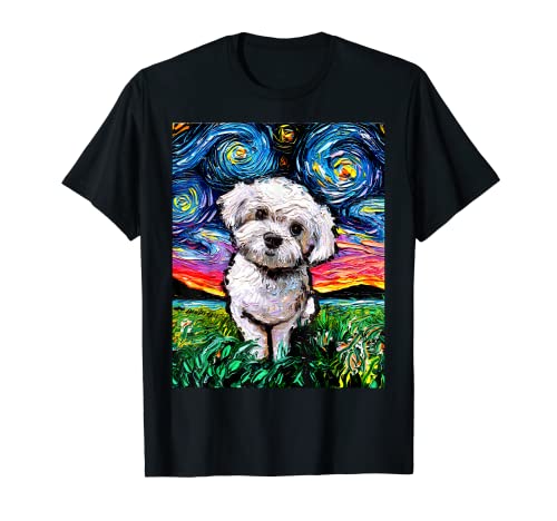 Maltipoo Starry Night White Maltese Poodle Dog Art by Aja T-Shirt