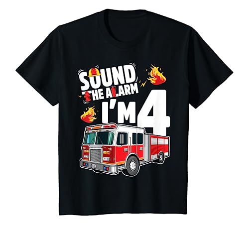 Fire Truck 4th Birthday Boy Firefighter 4 Year Old T-Shirt