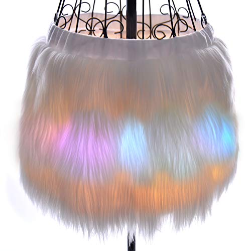 Mini Led Fur Skirt Light Up Tutu White Fluffy Short Unicorn Costume with Rainbow Lights for Christmas Halloween Festival Rave Outfit (White-L)
