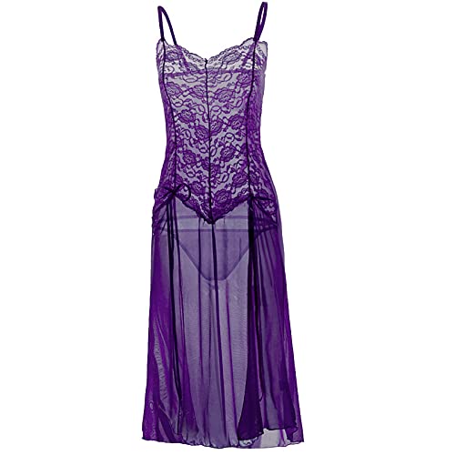 Women Sexy High Slit Sheer Mesh Spaghetti Strap Long Nightdown Plus Size Clubwear Nightdress Underwear Chemises Negligees Exotic Apparel Valentines Day Gifts for Her Naughty(Purple,XX-Large)