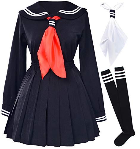 Classic Japanese School Girls Sailor Dress Shirts Uniform Anime Cosplay Costumes with Socks Set(Black)(L = Asia XL)(SSF08BK)