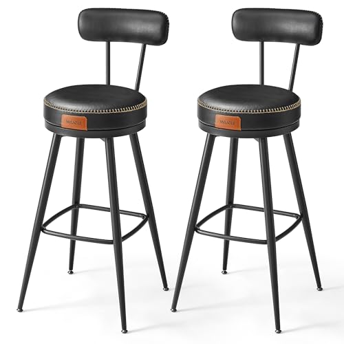 VASAGLE EKHO Collection - Bar Stools Set of 2, Bar Height Swivel Bar Stools with Back, Synthetic Leather with Stitching, Mid-Century Modern, 30-Inch Tall, Kitchen Home Bar, Ink Black