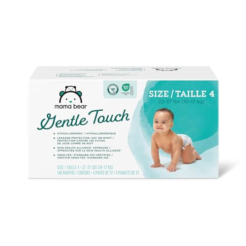 Amazon Brand - Mama Bear Gentle Touch Diapers, Hypoallergenic, Size 4, 148 Count, 4 Packs of 37, White