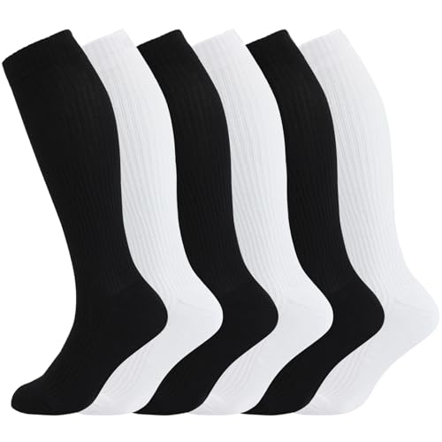 +MD 6 Pairs Compression Socks (8-15mmHg) for Women & Men - Cushion Knee High Socks for Running, Medical, Athletic, Nurses, Travels, Edema, Anti-DVT, Varicose Veins, Shin Splints 3Black/3White9-11