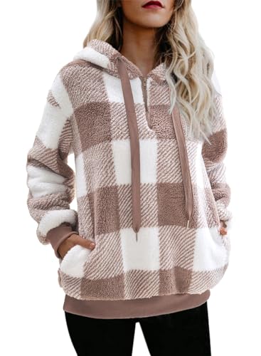 Nirovien Womens Sherpa Pullover Tie Dye Fuzzy Hoodie Double Fleece Sweatshirts Fluffy Oversized Plaid Outerwear(Khaki Plaid,XL)