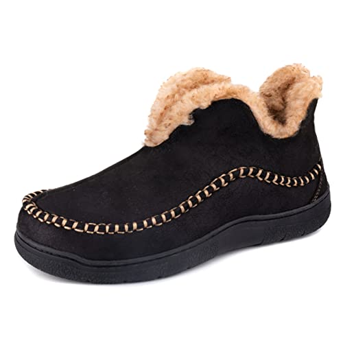 Wishcotton Men's Moccasin Bootie Slippers With Cozy Memory Foam, Winter Warm Fuzzy Indoor Outdoor House Shoes Black,9 M US